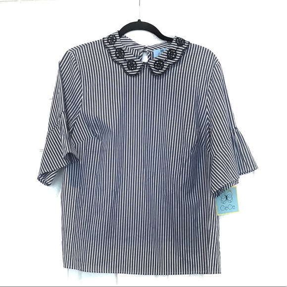 CeCe Tops - NWT CECE Blue Striped Blouse Short Sleeve Top L